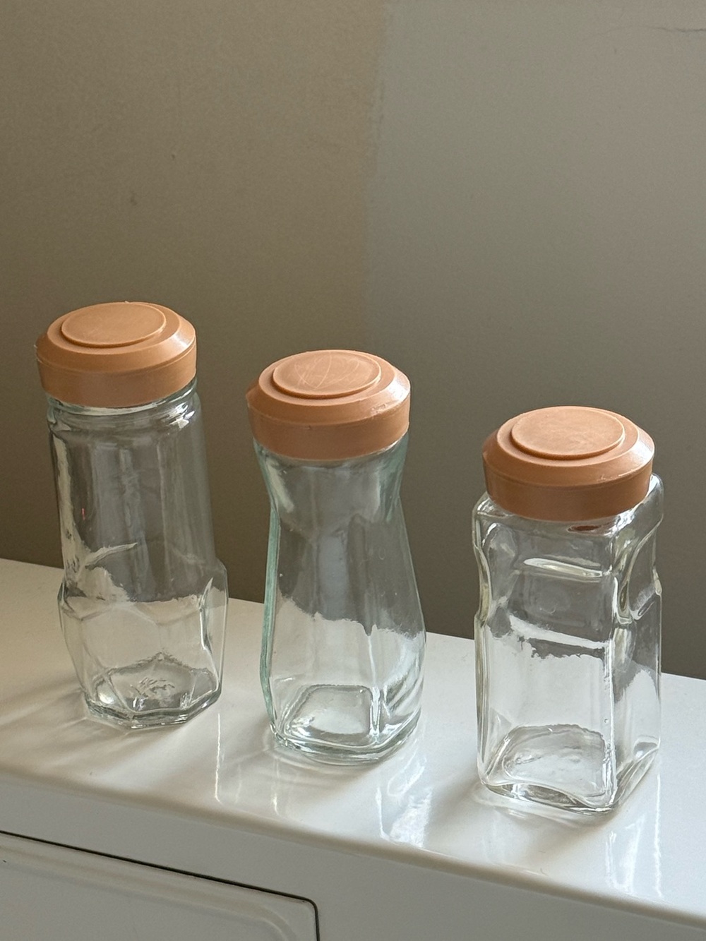 Set of 3 Vintage Baby Pink Lidded Glass Kitchen Spice Jars Various Sizes